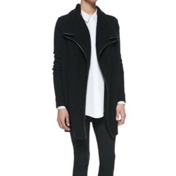 VINCE Black Leather Trim Yak Wool Quiet Luxury Open Front Cardigan Sweater - Picture 2 of 7